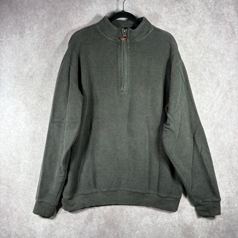 Woolrich Pullover Mens XL Green Quarter Zip Waffle Knit Cotton Casual Outdoor